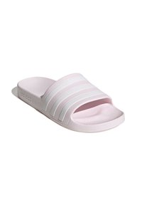 Roze klizna sandala s tri bijele pruge, teksturirani materijal, otvoreni prst i podstavljeni uložak. Lagana, fleksibilna potplat.