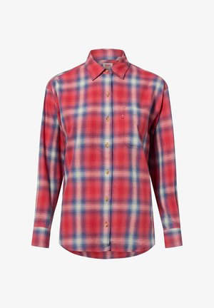 Rotes und blaues kariertes Flanellhemd mit langen Ärmeln, Knopfleiste am Kragen und einer kleinen Brusttasche. Mit Holzknöpfen und weicher Textur.