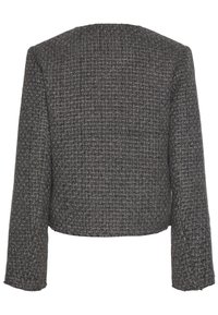 Veste courte texturée gris foncé avec manches longues, montrant le dos et un motif tissé subtil sur tout le tissu.