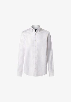 White long-sleeve dress shirt with thin vertical stripes in light colors, button-down collar, and adjustable cuffs. Made from cotton blend fabric.
