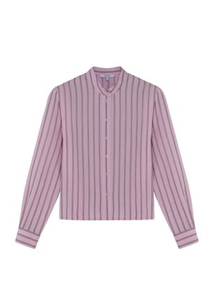 Blusa de manga larga de color púrpura claro con finas rayas verticales oscuras, cuello redondo, cierre frontal con botones y puños con botones.