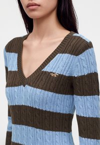 Femme portant un pull en maille torsadée rayé marron et bleu clair avec un col en V et un petit logo oiseau brodé sur la poitrine.