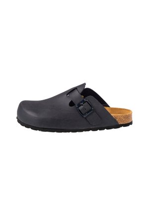 Schwarze Leder-Clogs mit verstellbarem Schnallenverschluss, offener Rückseite und Korkfußbett. Bietet ein strukturiertes Obermaterial und eine Gummisohle für guten Halt.