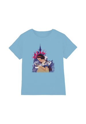 Blue t-shirt with illustration of Snow White holding a bluebird, castle silhouette, and text "Dream your Destiny" in red and white.