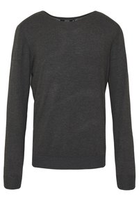 Dark grey long-sleeve sweater made of soft fabric. Features a wide neckline and ribbed cuffs, with a straight hem and minimal detailing.