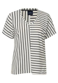T-shirt a righe con maniche corte in bianco e blu navy, con scollatura a V, caratterizzato da strisce verticali alternate e una vestibilità comoda. Etichetta visibile all'interno del collo.