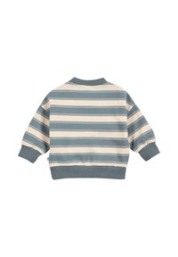 Pulower z okrągłym dekoltem, z pionowymi niebieskimi i kremowymi paskami, z prążkowanymi mankietami i dołem, wykonany z miękkiej bawełny.