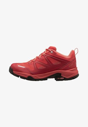 Roter Sportschuh mit Obermaterial aus Mesh und Synthetik, strukturierten Details, reflektierenden Akzenten, gepolsterter Sohle und robustem Profil für Grip.