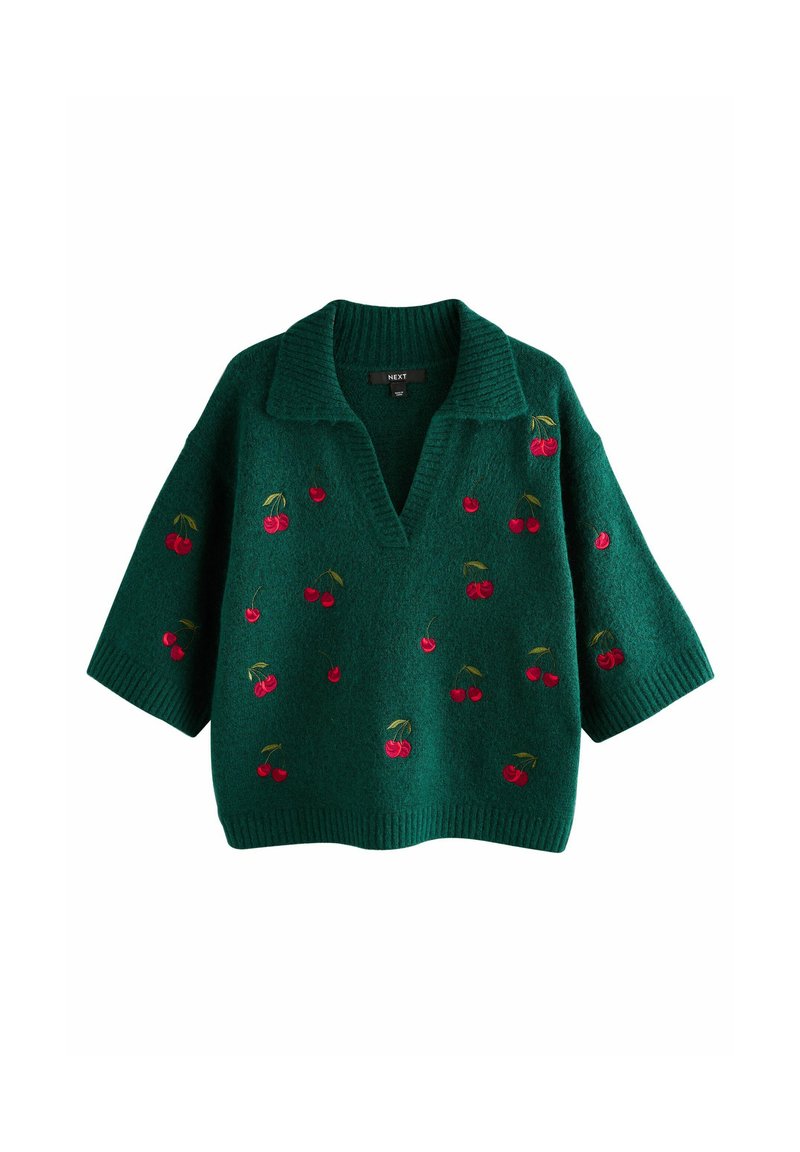Green knitted pullover with a V-neck and short sleeves, featuring embroidered red cherries and green leaves across the front.