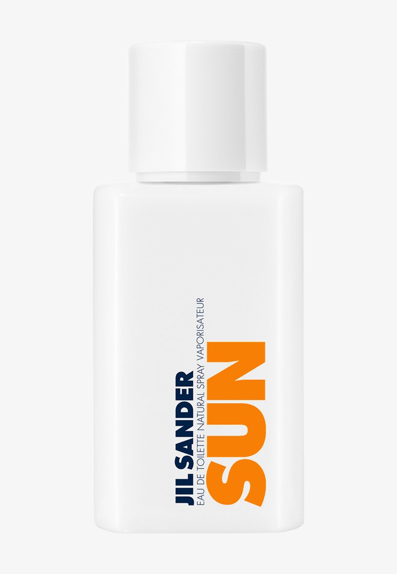 White rectangular perfume bottle with large orange "SUN" text and smaller vertical "JIL SANDER Eau de Toilette Natural Spray" text.