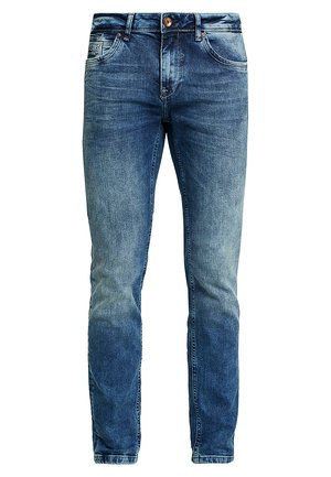 Verbleekte blauwe denim jeans met een slim fit, voorzien van een knoopsluiting, vijf zakken en een lichte stretch voor comfort.