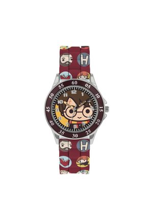 Orologio analogico per bambini con cassa metallica rotonda, quadrante nero, lancette argentate e cinturino in gomma bordeaux con motivi di personaggi dei cartoni animati.
