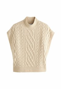 Strickpullover in Creme mit hohem Rippkragen, der komplizierte Zopfmuster und kurze Ärmel aufweist, aus weichem, strukturiertem Stoff gefertigt.