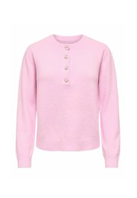 Pull-over rose à col rond, avec cinq boutons en forme de cœur sur le devant et poignets et ourlet côtelés. Texture douce.