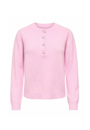 Pink pullover sweater with a round neckline, featuring five heart-shaped buttons down the front and ribbed cuffs and hem. Soft texture.