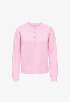 Pink pullover sweater with a round neckline, featuring five heart-shaped buttons down the front and ribbed cuffs and hem. Soft texture.