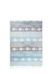 Blue and gray towel with white fish and zigzag patterns in alternating horizontal stripes, fringed edges at the bottom.