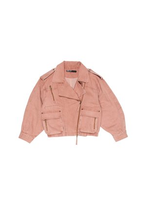 Chaqueta de mezclilla rosa polvoriento recortada con cuello ancho, cremallera frontal asimétrica, tres bolsillos con cremallera y mangas largas con puños.