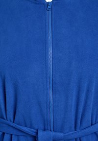 Tuta blu in pile con cerniera frontale, texture morbida e vita con cintura. Il design include un colletto alto e cuciture nette.