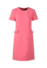 Kurzärmeliges pinkes Kleid aus glattem Stoff, mit Rundhalsausschnitt und ausgestellten Peplum-Details an der Taille. Reißverschluss an der Rückseite.