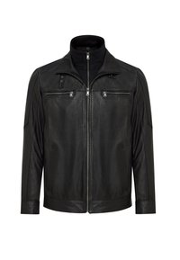 Zwarte leren jas met een rits aan de voorkant, hoge kraag, twee borstzakken met rits en zijzakken; gestructureerde afwerking met gladde accenten.