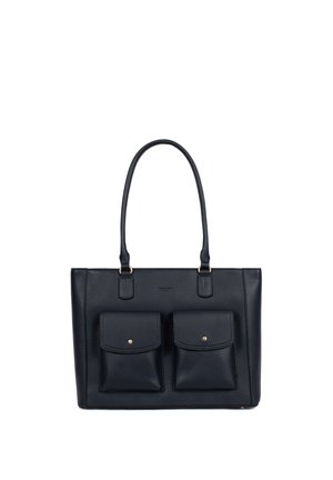 Sac fourre-tout en cuir noir avec deux poches frontales à rabat et fermetures à boutons dorés, doté de doubles bretelles.