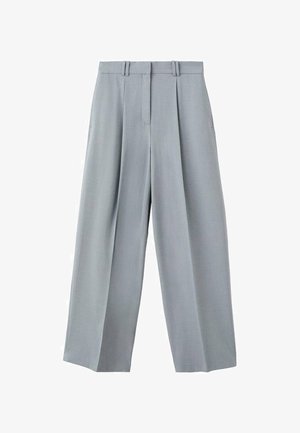 Svetlo sive široke hlače z naborki spredaj, zankami za pas in skritim sprednjim zapiranjem.