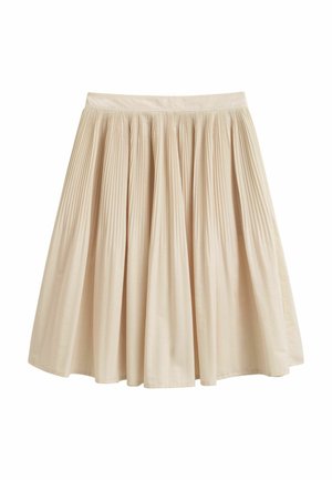 Jupe midi plissée beige avec une taille ajustée, une silhouette fluide et de fins plis verticaux.