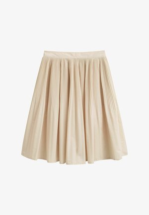 Beiger plissierter Midirock mit tailliertem Bund, fließender Silhouette und feinen vertikalen Falten.