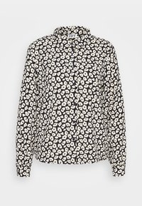 Camicia nera con bottoni e motivo floreale bianco. Presenta un colletto, maniche lunghe e polsini con bottoni. Tessuto leggero con una trama morbida.