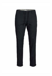 Pantaloni neri in cotone, con vita regolabile tramite cordoncino, vestibilità slim e orli arrotolati. L'interno presenta una fodera a fantasia.