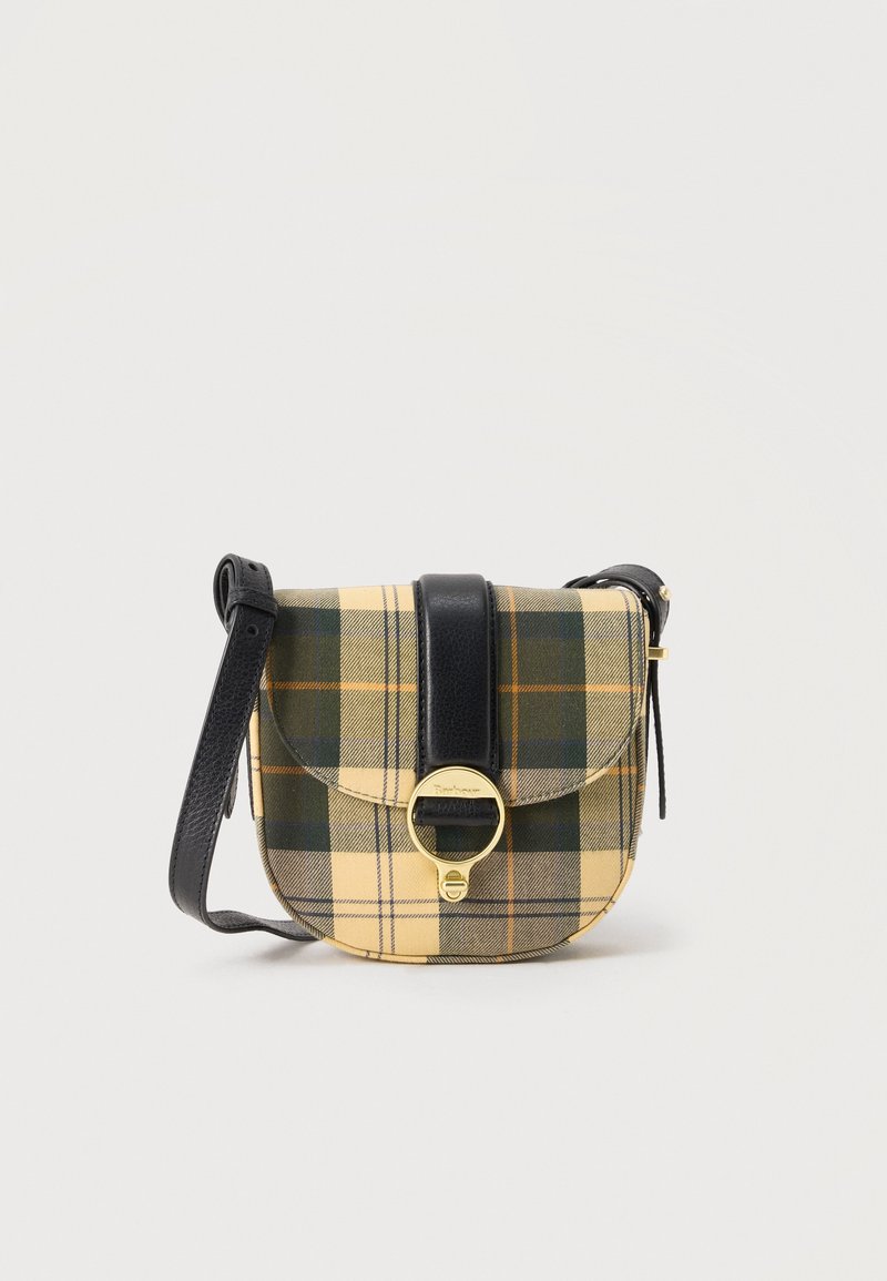 Geantă mică de tip crossbody cu model în carouri galben și verde, curea din piele neagră și închizătoare circulară aurie pe clapeta din față.