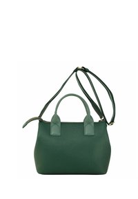 Grüne Lederhandtasche mit strukturierten Oberflächen, doppelten oberen Griffen und abnehmbarem Schulterriemen. Akzente in goldfarbener Hardware.