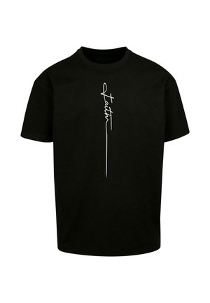 T-shirt en coton noir avec une coupe décontractée, présentant un design en cursive blanche "Faith" imprimé verticalement sur le devant. Simple et minimaliste.