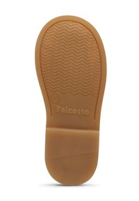 Suela de zapato de goma en color marrón claro con un patrón ondulado texturizado, con la marca "Falcotto" grabada y una zona de talón lisa. Indica talla 20.