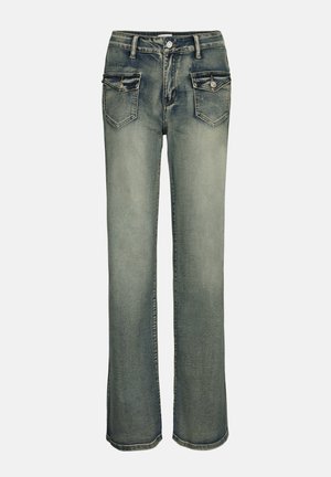 Light-wash denim jeans with a straight leg design. Features five pockets, a button closure, and subtle fading pattern throughout.