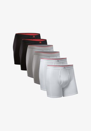 Zes herenboxershorts in zwart, grijs en wit, elk met een roodgerande tailleband en een klein logo op het voorste midden.
