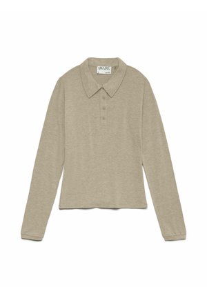 Polo à manches longues beige avec col et trois boutons, posé à plat sur un fond blanc, étiqueté "AWARE" à l'intérieur du col.