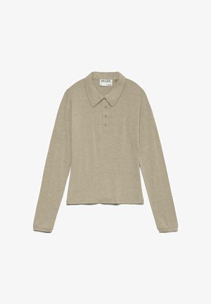 Beežika pikkade varrukatega polosärk krae ja kolme nupuga, tasapinnal valgel taustal, krae sees sildiga "AWARE".