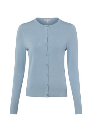 Cardigan bleu clair à manches longues, boutonné, avec un col rond et des poignets et un ourlet côtelés.