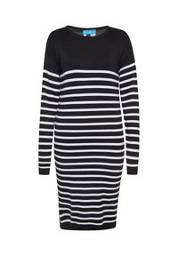 Schwarz-weißer gestreifter Strickkleid mit langen Ärmeln und rundem Ausschnitt, das abwechselnd dicke und dünne horizontale Streifen aufweist.