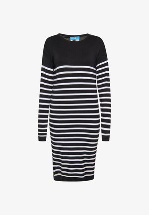 Stribet strikkjole i sort og hvid med lange ærmer og rund halsudskæring, som har skiftende brede og smalle horisontale striber.