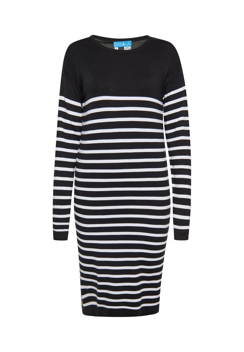 Schwarz-weißer gestreifter Strickkleid mit langen Ärmeln und rundem Ausschnitt, das abwechselnd dicke und dünne horizontale Streifen aufweist.