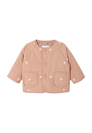 Light pink toddler jacket with long sleeves, snap buttons down the front, two front pockets, and small white floral prints.