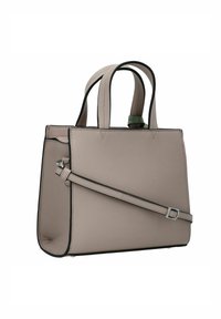 Borsa strutturata beige con rifiniture nere, due manici superiori, una tracolla rimovibile e dettagli di cucitura visibili. Finitura in pelle liscia.