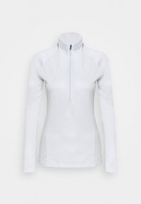 Weißer Pullover mit hohem Kragen und Viertelreißverschluss. Hat lange Ärmel und einen glatten, strukturierten Stoff. Einfaches Design, keine Muster oder Akzente.