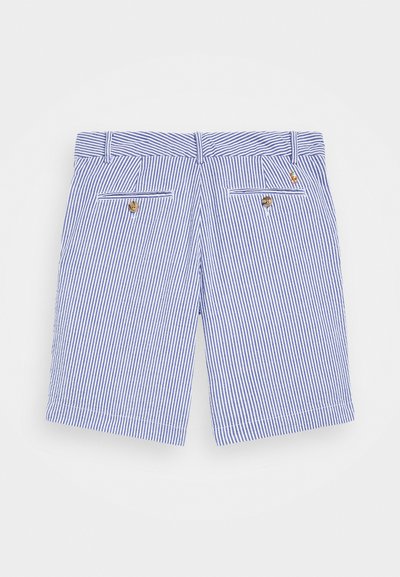 Shorts în dungi verticale albastre și albe, cu un front plat, două buzunare spate cu nasturi și o croială ajustată. Fabricate dintr-un material ușor.