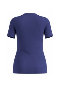 Marineblaues Kurzarmshirt mit rundem Ausschnitt, glatter Textur, figurbetonter Form und kurzen Ärmeln. Keine sichtbaren Beschläge oder Muster.