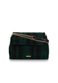 Green and black plaid handbag with a textured fabric, gold chain strap, and a structured design. Features a flap closure and logo accent.