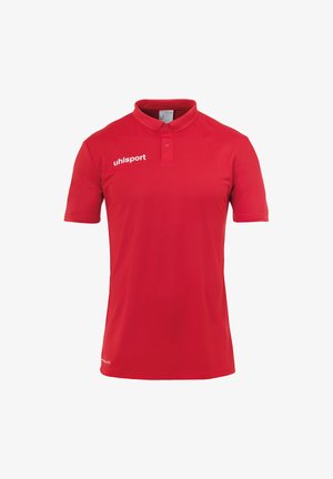 Rød polo skjorte lavet af åndbart materiale, med klassisk krave, to-knap lukning og hvid "uhlsport" logo på venstre bryst.